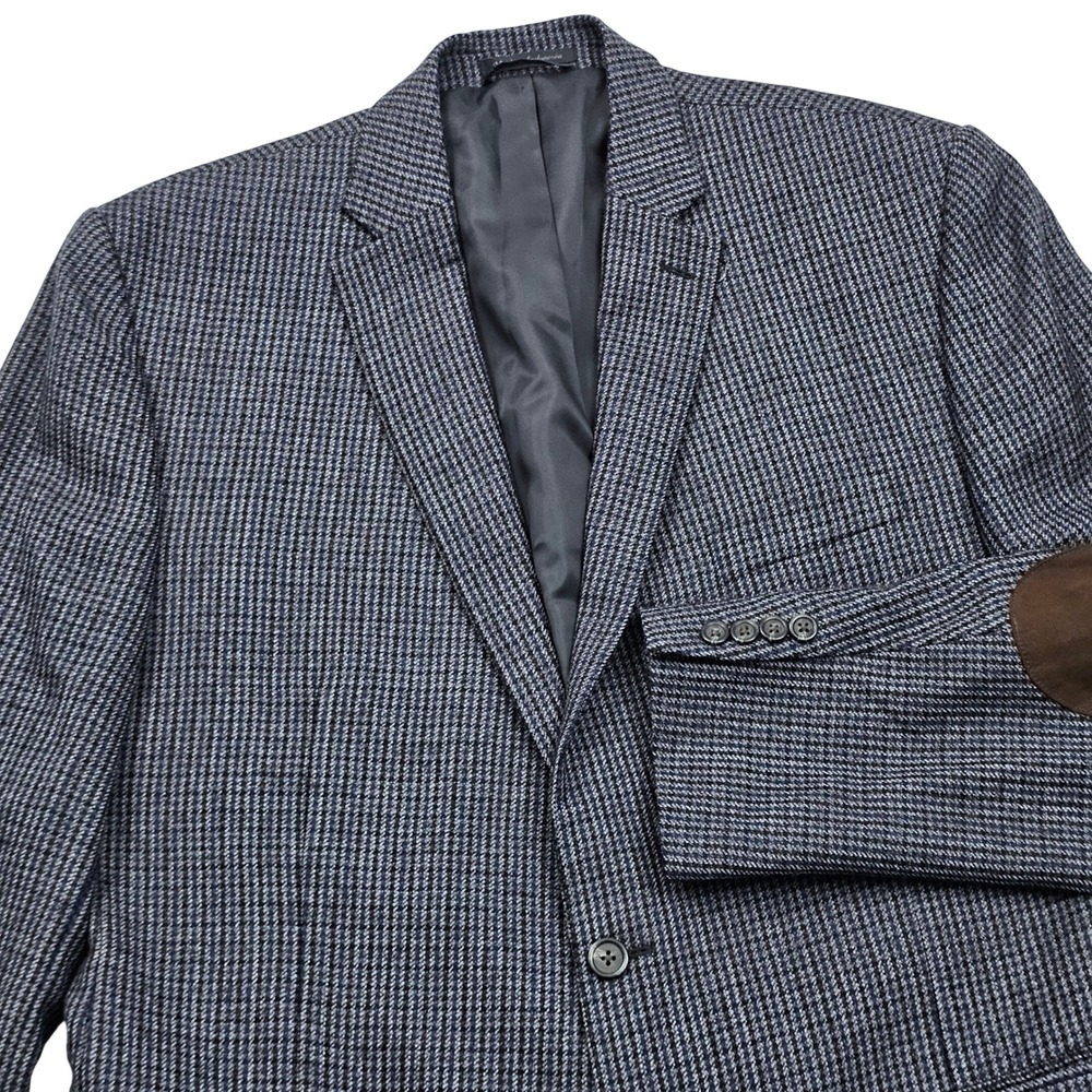 Chaps Blazer Mens 46L Blue Grey Wool Houndstooth Elbow Patches Dark Academia